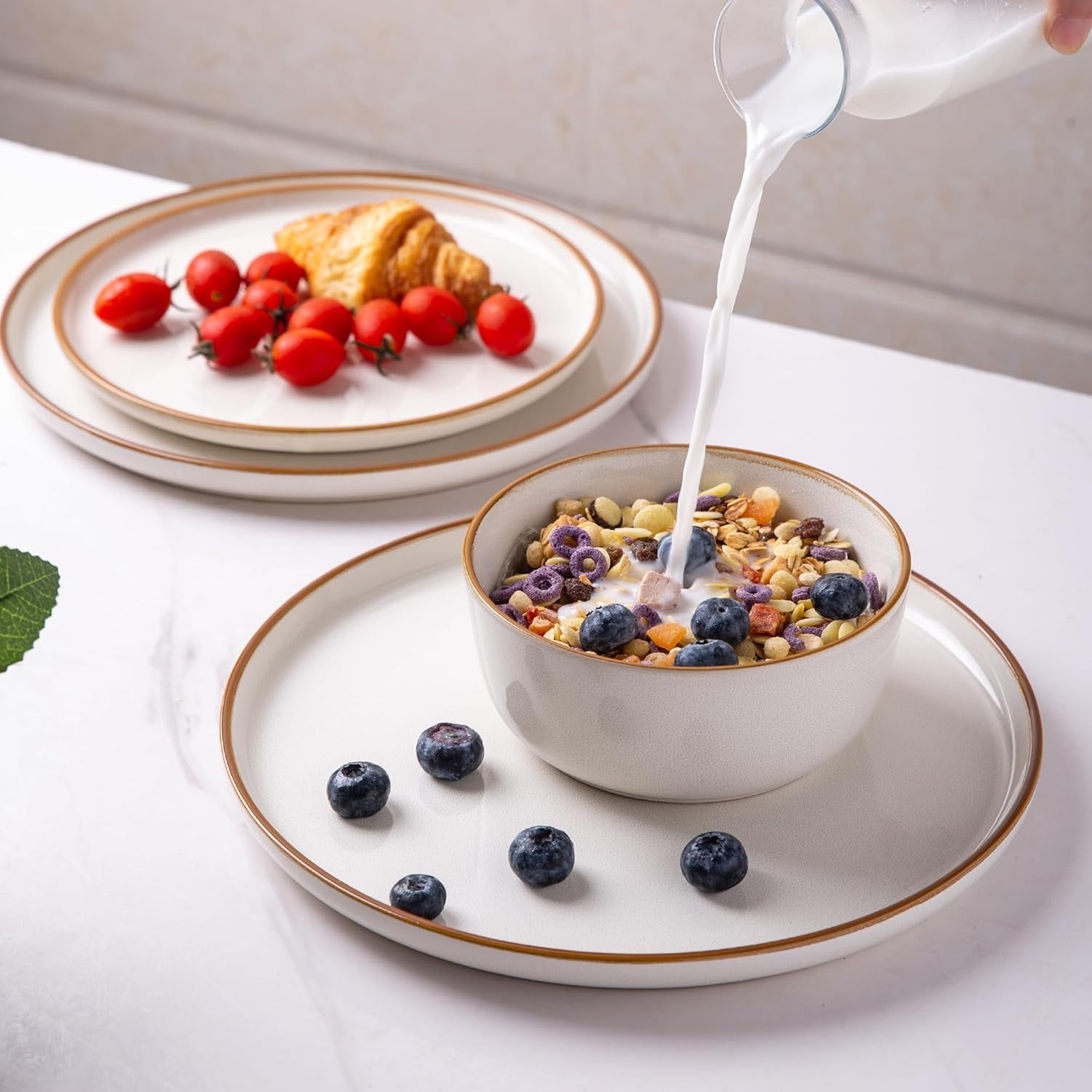 Ceramic Dinnerware Set for Four - 12-Piece Stoneware Plate and Bowl Collection, Scratch-Resistant, Dishwasher and Microwave Safe, Reactive Glaze Finish in White