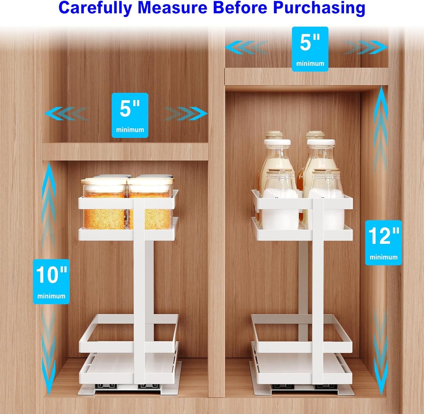 Pull Out Spice Rack Organizer for Cabinet, 2 Tier Metal Slide Out Seasoning Organizer and Storage Heavy Duty Vertical Spice Rack Shelf Pullout for Kitchen Cabinets No Drilling(1 Pack, White)