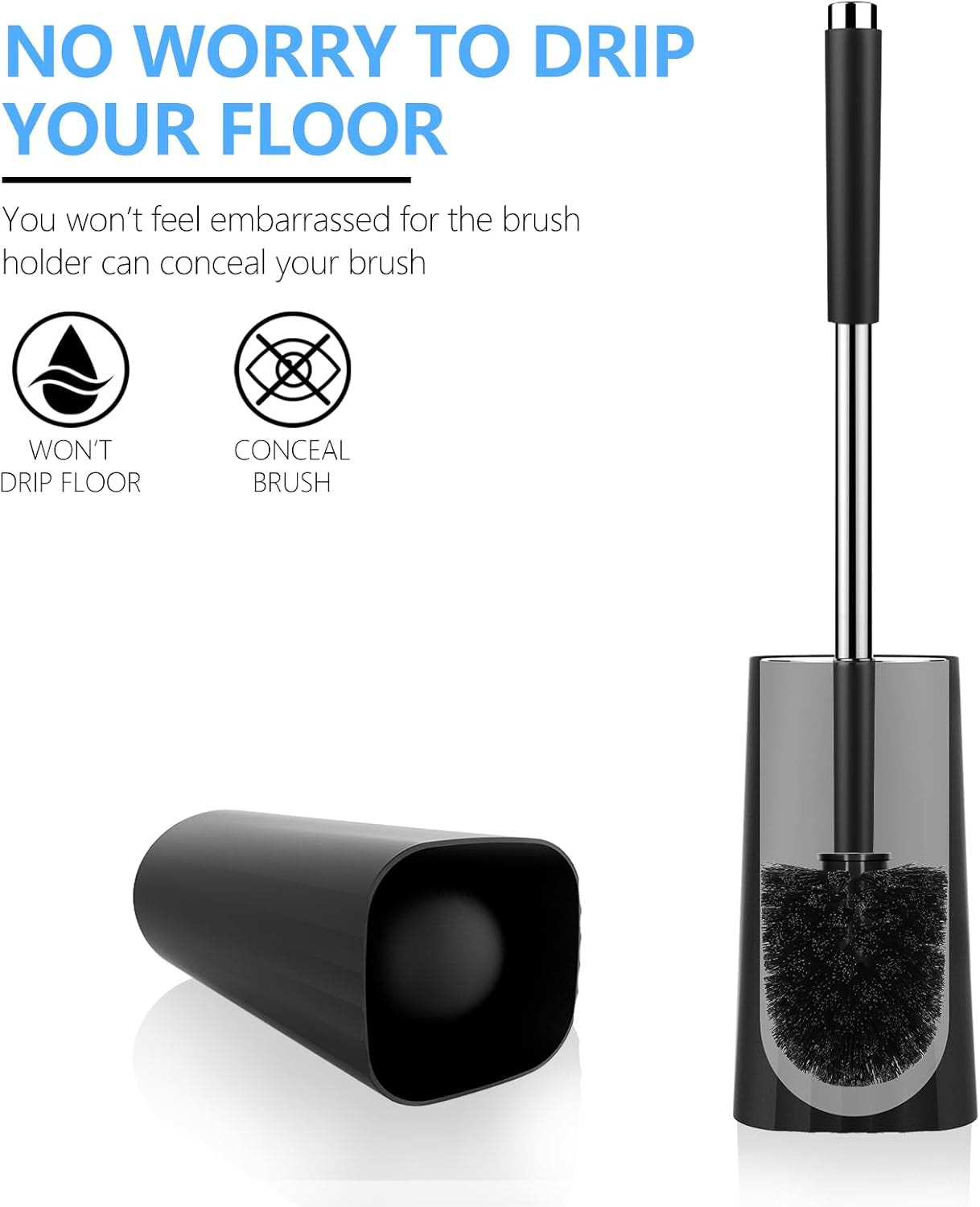 Toilet Brush, Compact Size Toilet Bowl Brush and Holder Toilet Brushes for Bathroom with Stainless Steel Handle Toilet Cleaner Brush with Durable Scrubbing Bristles, Splash-Proof