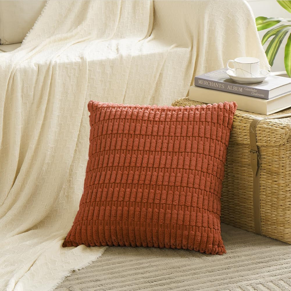 2 Packs Burnt Orange Decorative Throw Pillow Covers 18X18 Inch for Living Room Couch Bed Sofa, Farmhouse Boho Fall Home Decor, Soft Striped Corduroy Square Cushion Case 45X45 Cm