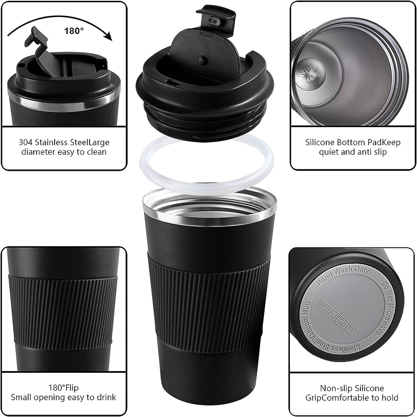 Insulated Travel Coffee Mug, Spill & Leak Proof, Portable to Go Camping Stainless Steel Coffee Tumbler, Reusable Thermal Coffee Cup with Lid for Hot & Cold Drinks (Black, 12 OZ)