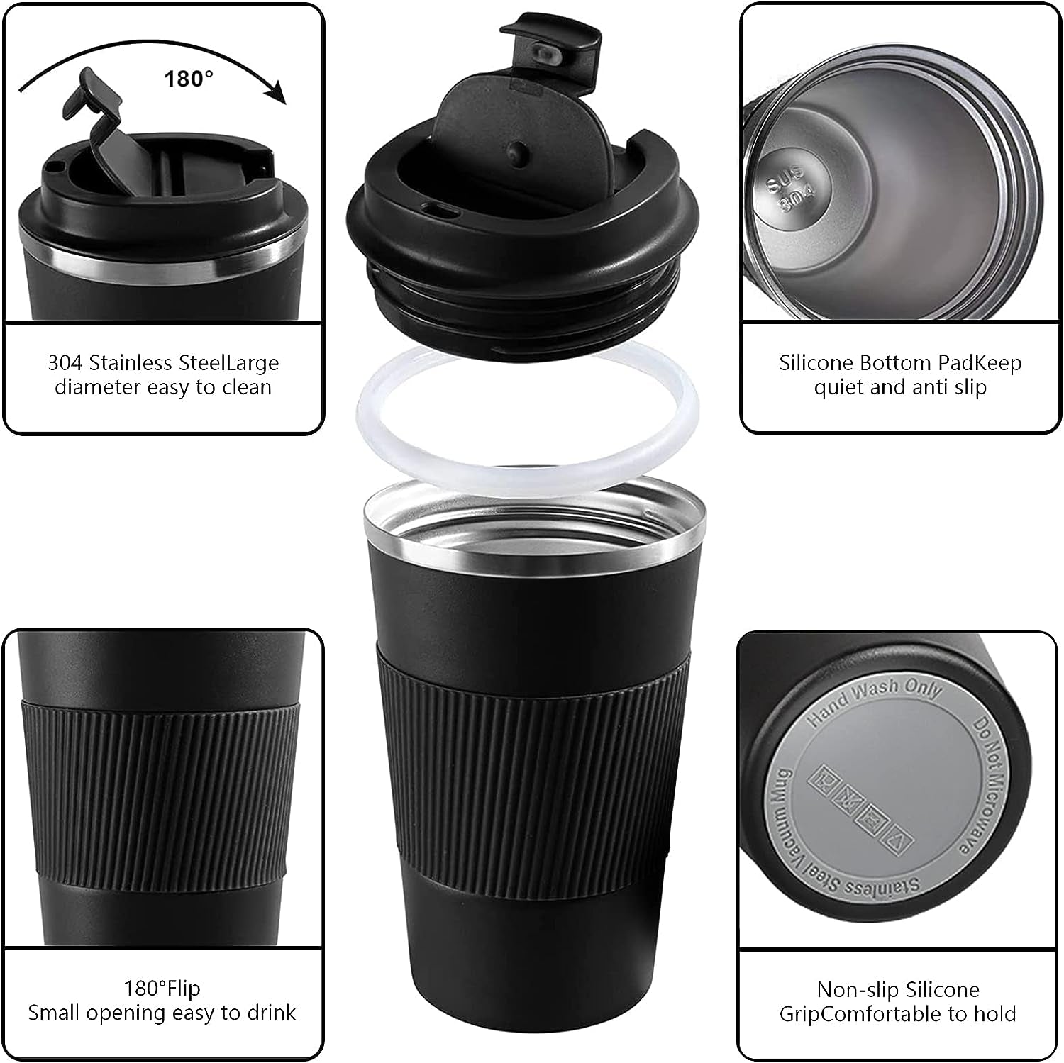 Insulated Travel Coffee Mug, Spill & Leak Proof, Portable to Go Camping Stainless Steel Coffee Tumbler, Reusable Thermal Coffee Cup with Lid for Hot & Cold Drinks (Black, 12 OZ)