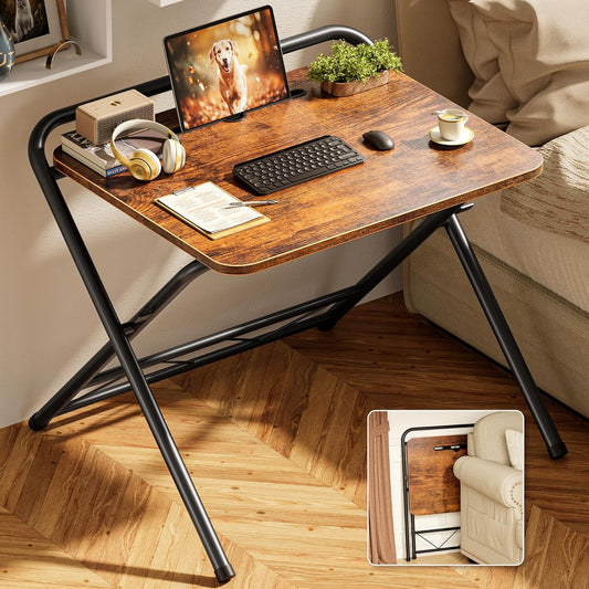 Folding Desk with Adjustable Height and Tablet Slot, 24-Inch Space-Saving Computer Desk for Home Office, Bedroom, and Study in Rustic Brown