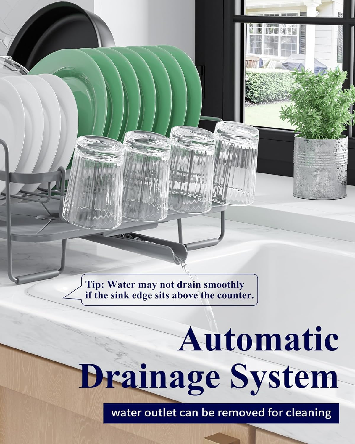 Extendable Dish Drying Rack, Large Drying Dish Rack with Cutlery & Cup Holders, Multifunctional Dish Racks for Counter with Drainage, 18.2"-25.7" L X 12.9" W, Grey