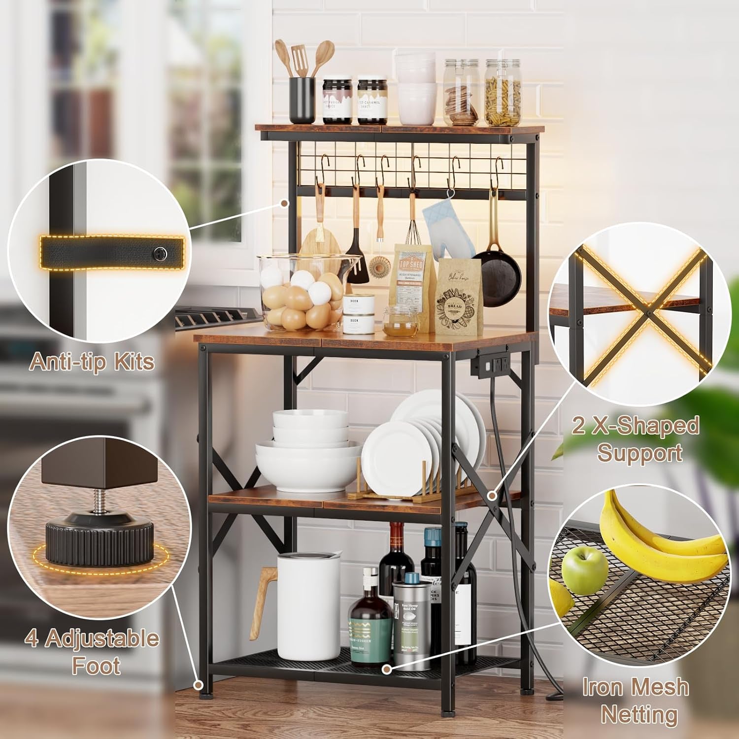 Bakers Rack with Power Outlet and LED Light, Small Microwave Stand with 4 Tier Shelves, Coffee Bar Station Table with 6 S Hooks, Kitchen Storage Rack for Spices, Pots, Rustic Brown