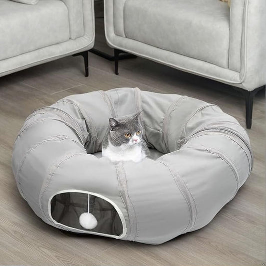 Cat Play Tunnel - round Cat Tunnel with Bed | Interactive Cat Toys for Indoor Cats Kitten Kitty Puppy Rabbit Ferret (Light Grey)