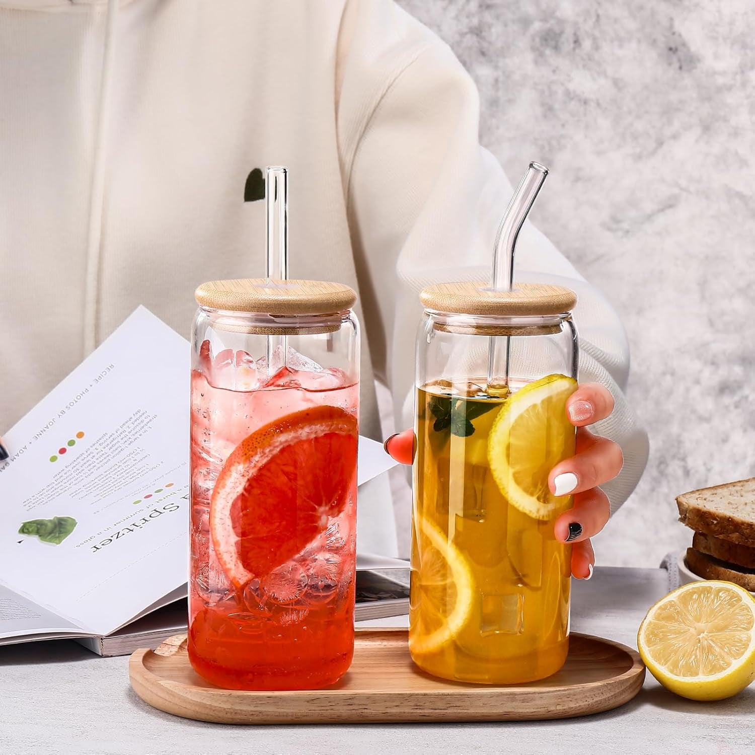 Glass Cups “20Oz”,Glass Cups with Lids and Straws 4 Pcs-Coffee Cups,Drinking Glasses Set,Glass Tumbler with Straw and Lid Gift 2 Cleaning Brushes