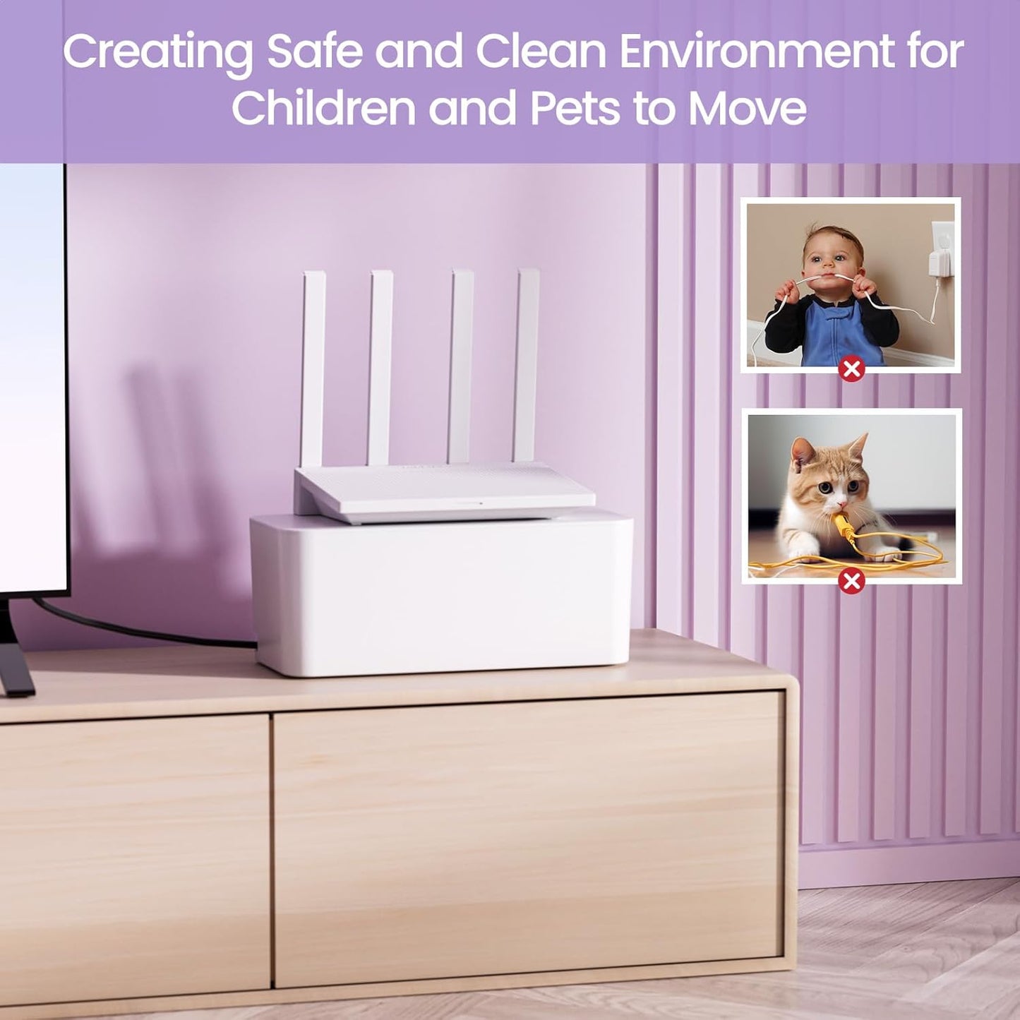 2 Pack Cable Management Box, Stylish Cord Organizer for Desk, Pet & Child-Proof ABS Cords Hider Box, under Desk Cable Box for Computer Router USB Hub & Power Strip, White
