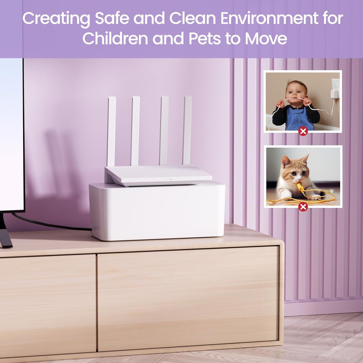 2 Pack Cable Management Box, Stylish Cord Organizer for Desk, Pet & Child-Proof ABS Cords Hider Box, under Desk Cable Box for Computer Router USB Hub & Power Strip, White