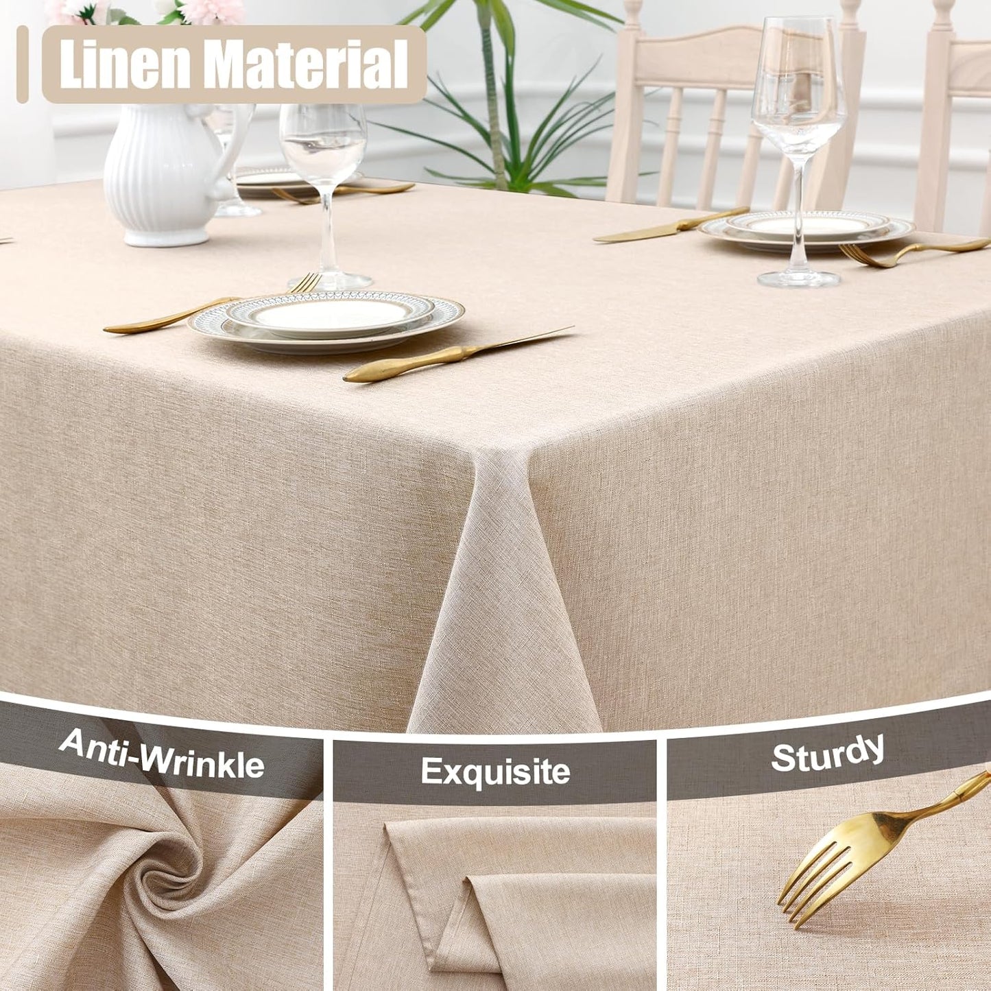 Rectangle Table Cloth Linen Textured, Waterproof Spillproof Anti-Wrinkle Burlap Tablecloth, Washable Decorative Fabric Table Cover for Dining, Party, Banquet, 52 X 70 Inch, Linen