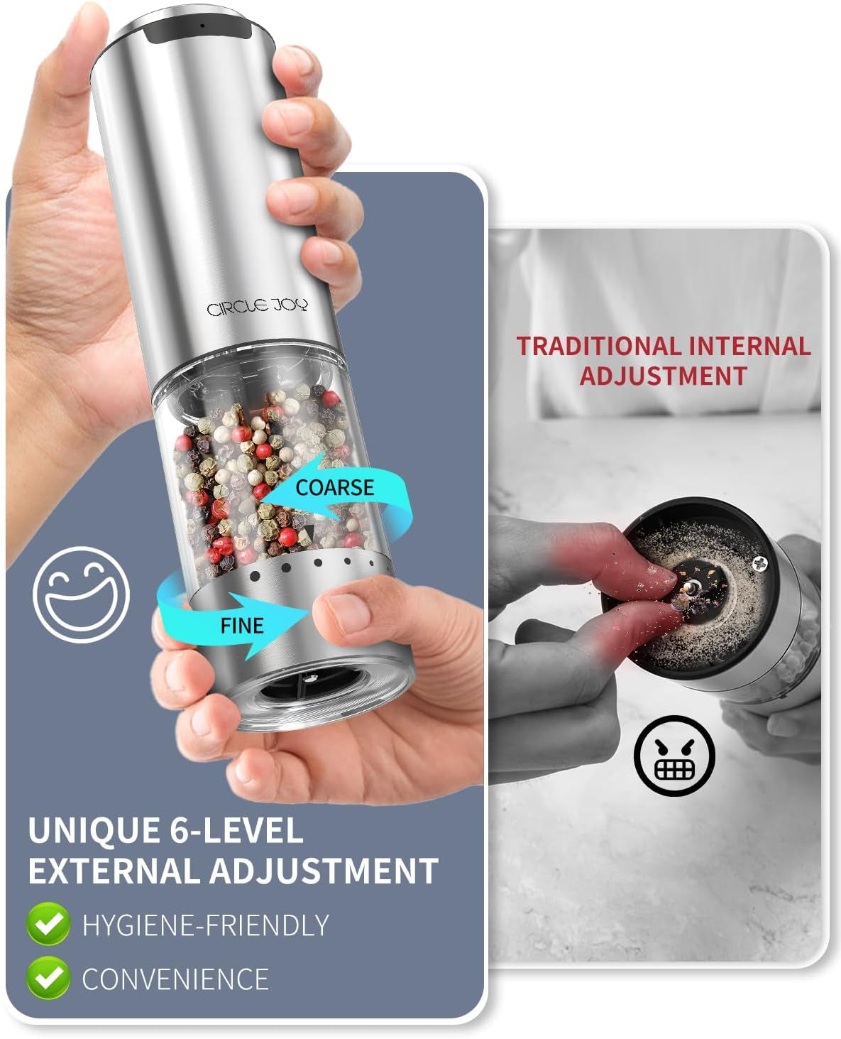 Electric Pepper Grinder Stainless Steel Rechargeable Pepper Mill with External Adjustable Coarseness, 95Ml Container and White LED Light, Silver