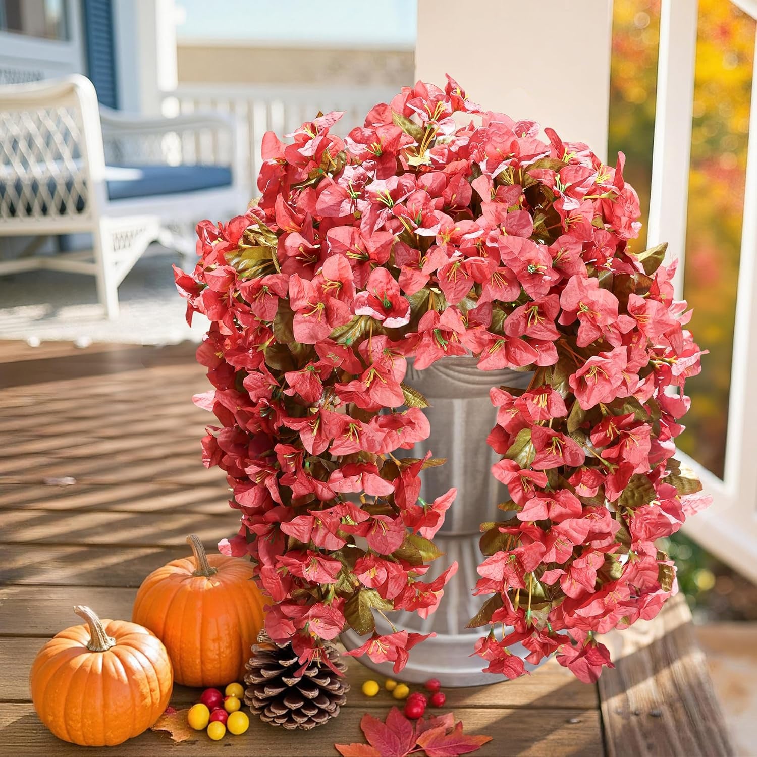 Bougainvillea Artificial Fall Hanging Flowers Plants for Outdoors Autumn Decoration, 2Pcs Faux Bougainvillea Vines Red Fake Flowers Realistic UV Resistant Silk Flowers for outside Planter Yard Home