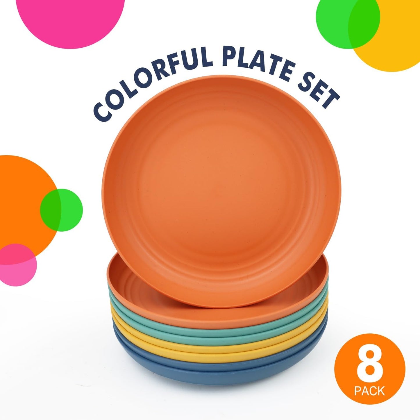 Set of 8 Deep Wheat Straw Dinner Plates - Unbreakable, Microwave and Dishwasher Safe, 9 Inch, Available in 4 Classic Bright Colors