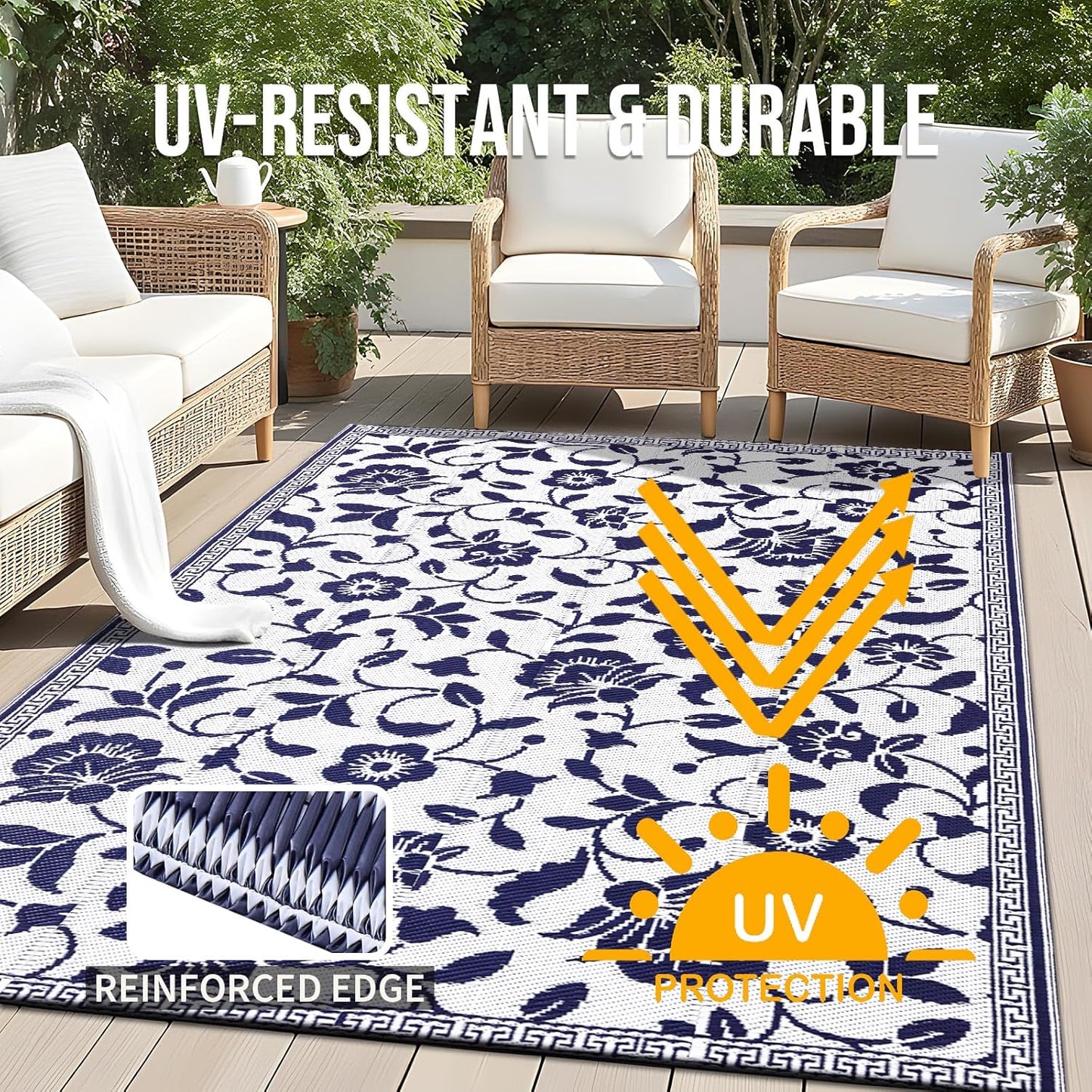 Waterproof Outdoor Rug 5X8 Ft, Outdoor Plastic Straw Rug with Flower Pattern, Reversible RV Mat for Patio, Camping, Balcony, Deck, Backyard, Navy & White