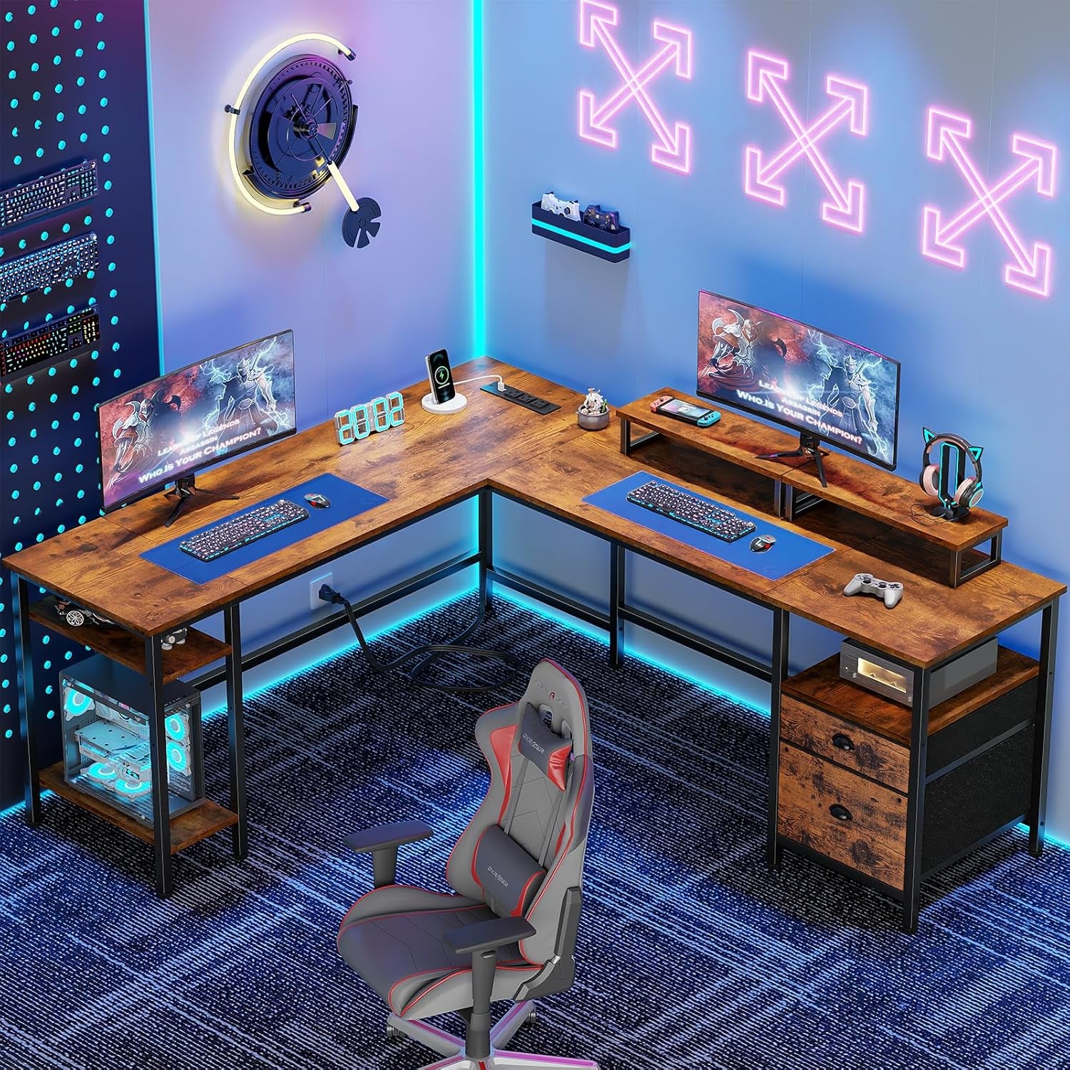 66” L Shaped Desk with Power Outlet, Reversible Computer Gaming Desk with File Drawer & 2 Monitor Stands for Home Office with Storage Shelves, Rustic Brown