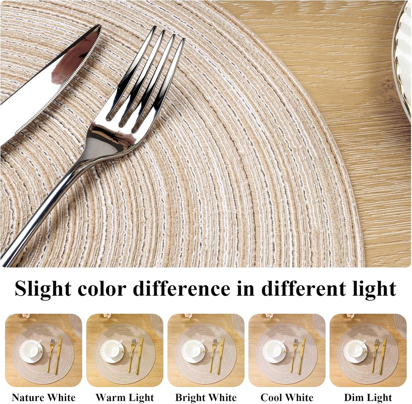 round Braided Placemats Set of 4 round Table Mats for Dining Tables 15 Inch Washable Kitchen Table Place Mats Indoor (Beige, 4)