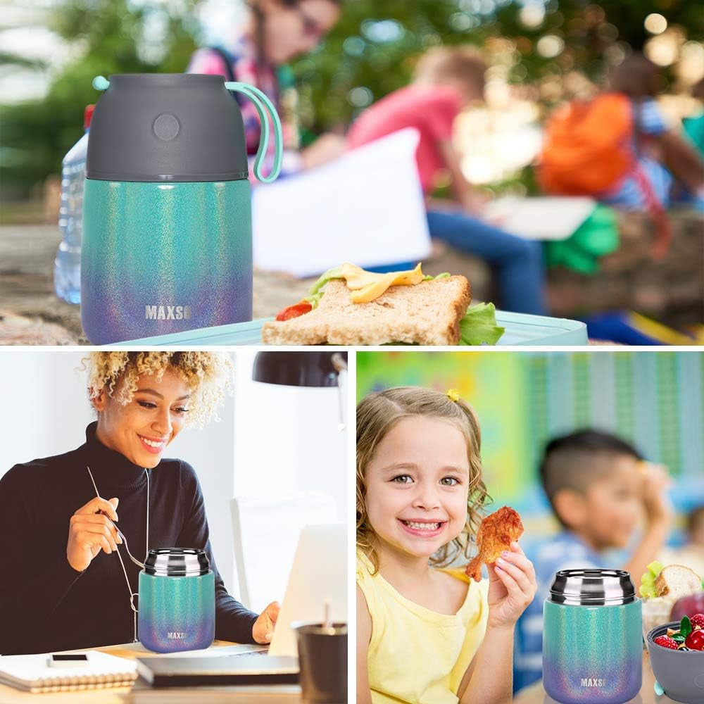 Insulated Thermo Soup Jar for Kids & Adults, 17 Oz Stainless Steel Thermal Food Container with Spoon, Triple Layer Insulation (Rainbow)