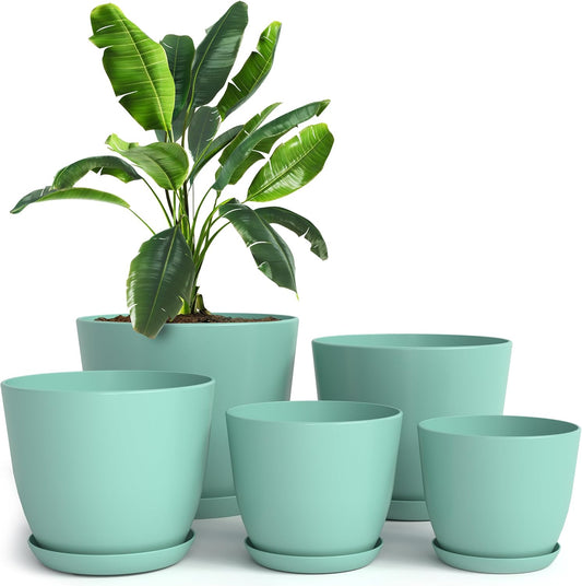 - Plant Pots Indoor with Drainage - 7/6.6/6/5.3/4.8 Inches Flower Pots for Indoor Planter - 5 Pack Plastic Planters - Ideal for Stocking Stuffers or Home Christmas Decorations - Aqua