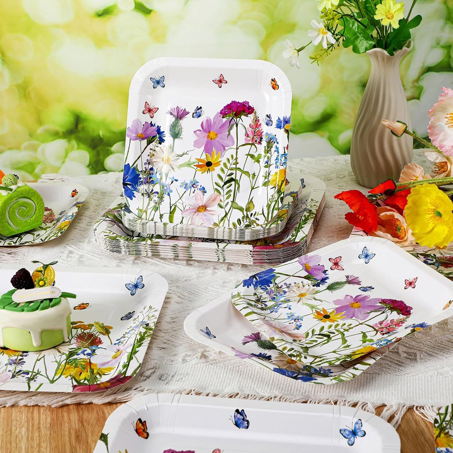 100-Piece Floral Disposable Paper Plate Set - 9'' Dinner Plates and 7'' Square Dessert Plates for Birthdays, Weddings, Baby Showers, and Parties (Sweet Color, Wildflower Design)