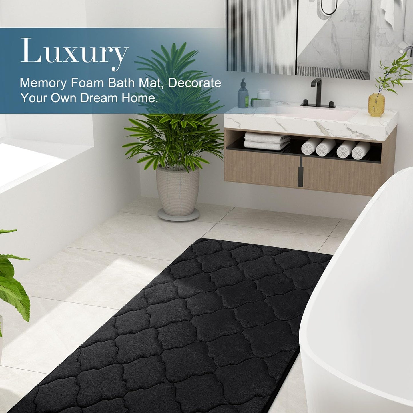 Memory Foam Bath Rug and Shower Curtain, Bath Rug Size 30X20 in Black and Shower Curtain 72X72 in Black Grey, 2 Item Bundle