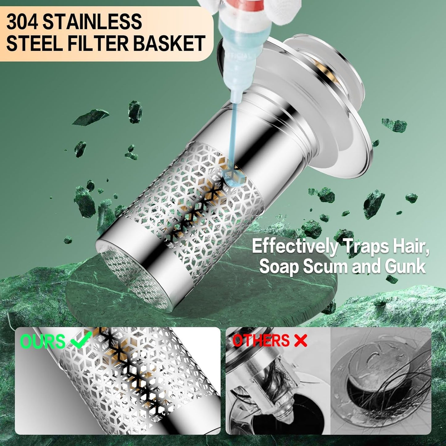 Universal Bathroom Sink Drain Strainer Set - Removable 304 Stainless Steel Filter Basket and Hair Catcher Plug for 1.1"-1.45" Drain Openings, 2 Pack