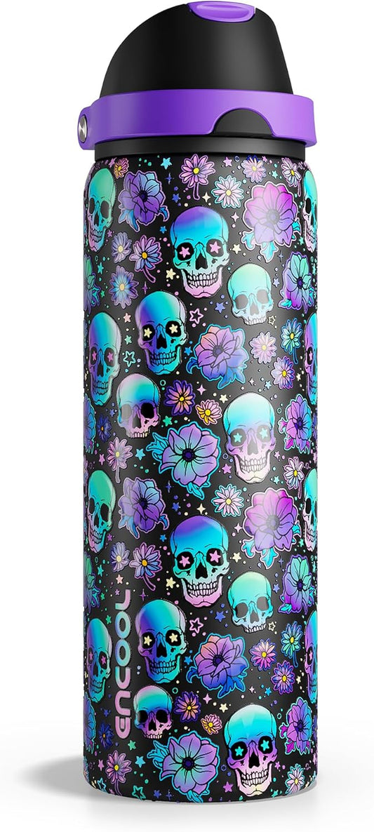 Halloween Insulated Water Bottle with Straw - Stainless Steel Water Bottle with Push Button Lid, Leak-Proof Bpa-Free, Keeps Cold for 24 Hours for Halloween Gifts, Party (32 Oz, Floral Afterlife)