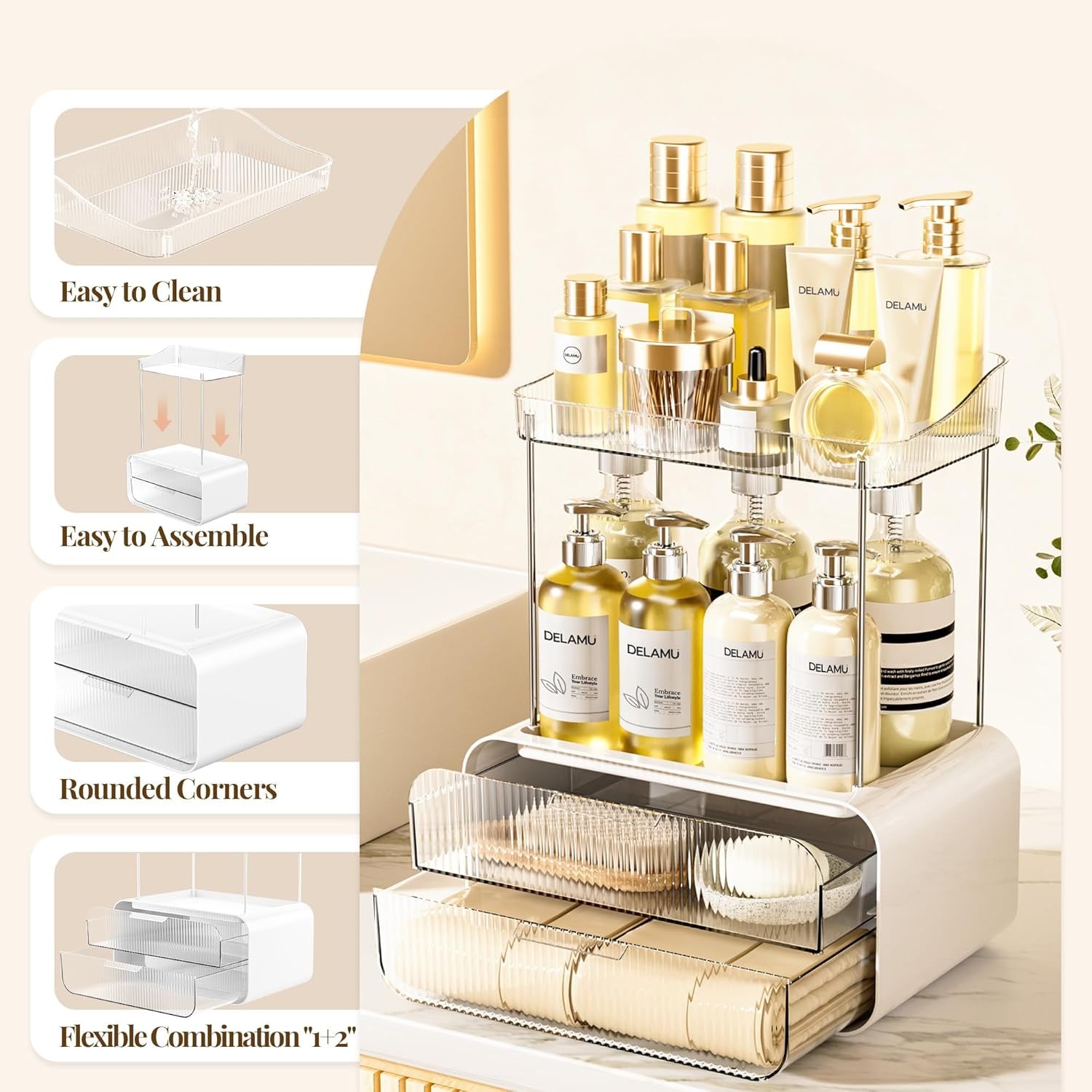 Bathroom Counter Organizer 2-Drawers 2-Tier Acrylic Makeup Organizer for Vanity Countertop, Skincare Perfume Storage, Easy Assembly, Ideal Gift for Women, Bath Linen Sets, Clear