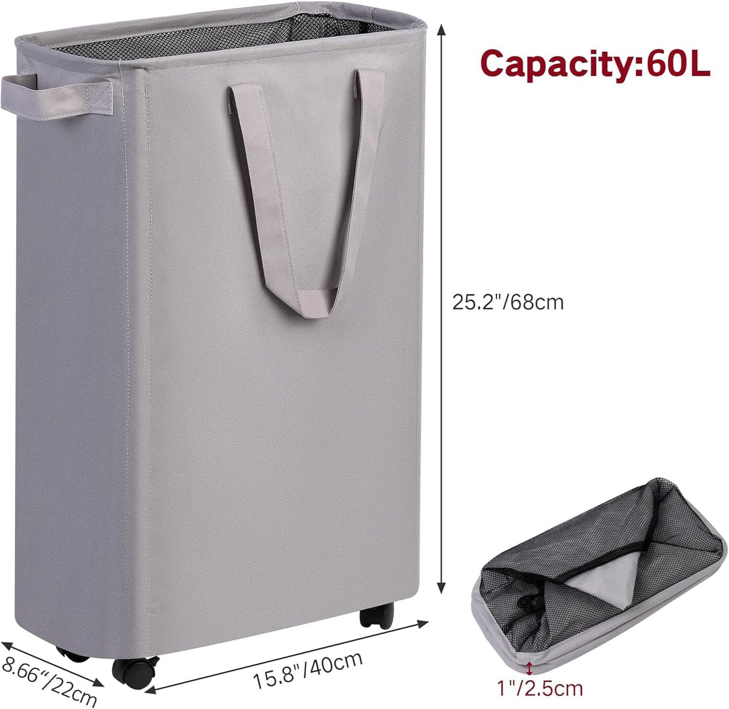 Slim Laundry Hamper with Wheels, Rolling Laundry Basket for Clothes, Small Laundry Basket for Bedroom, Dorm and Laundry Room, 60L (12.7 Gallons) Grey
