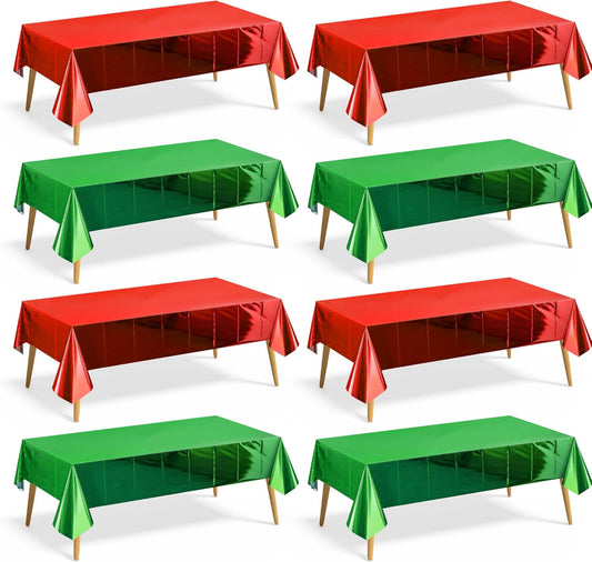 8-Piece Set of Red and Green Foil Disposable Tablecloths - 54 x 72 Inch Waterproof Plastic Covers for Christmas, Weddings, and Graduation Celebrations