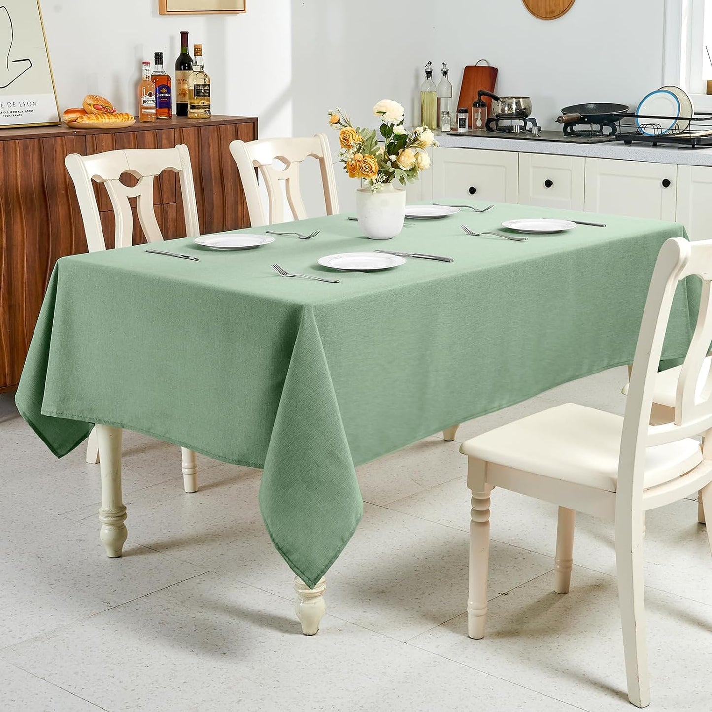 Textured Linen Table Cloth for Rectangle Tables - Sage Green Tablecloths Rectangular Waterproof Wrinkle Free Wipeable Dining Table Cover for Spring Wedding Birthday Kitchen Decor, 52 X 70 Inch