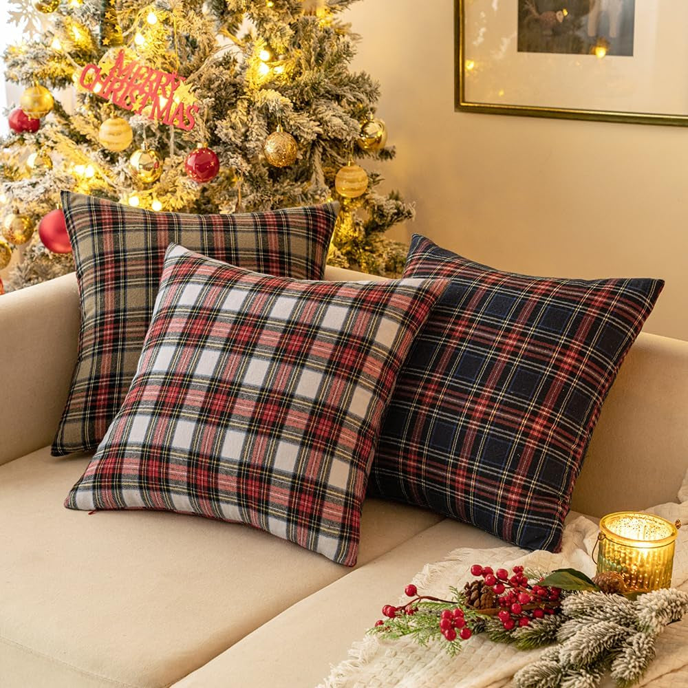 Scottish Tartan Plaid Throw Pillow Covers - Set of 2, 18x18 Inch Decorative Cushion Cases for Farmhouse and Outdoor Use, Blue