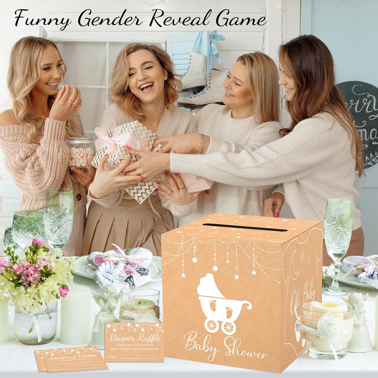Brown Diaper Raffle Card Box for Baby Shower, 50 Pcs Diaper Raffle Tickets with Advice and Wishes, Gender Reveal Baby Shower Games, Party Decorations Supplies