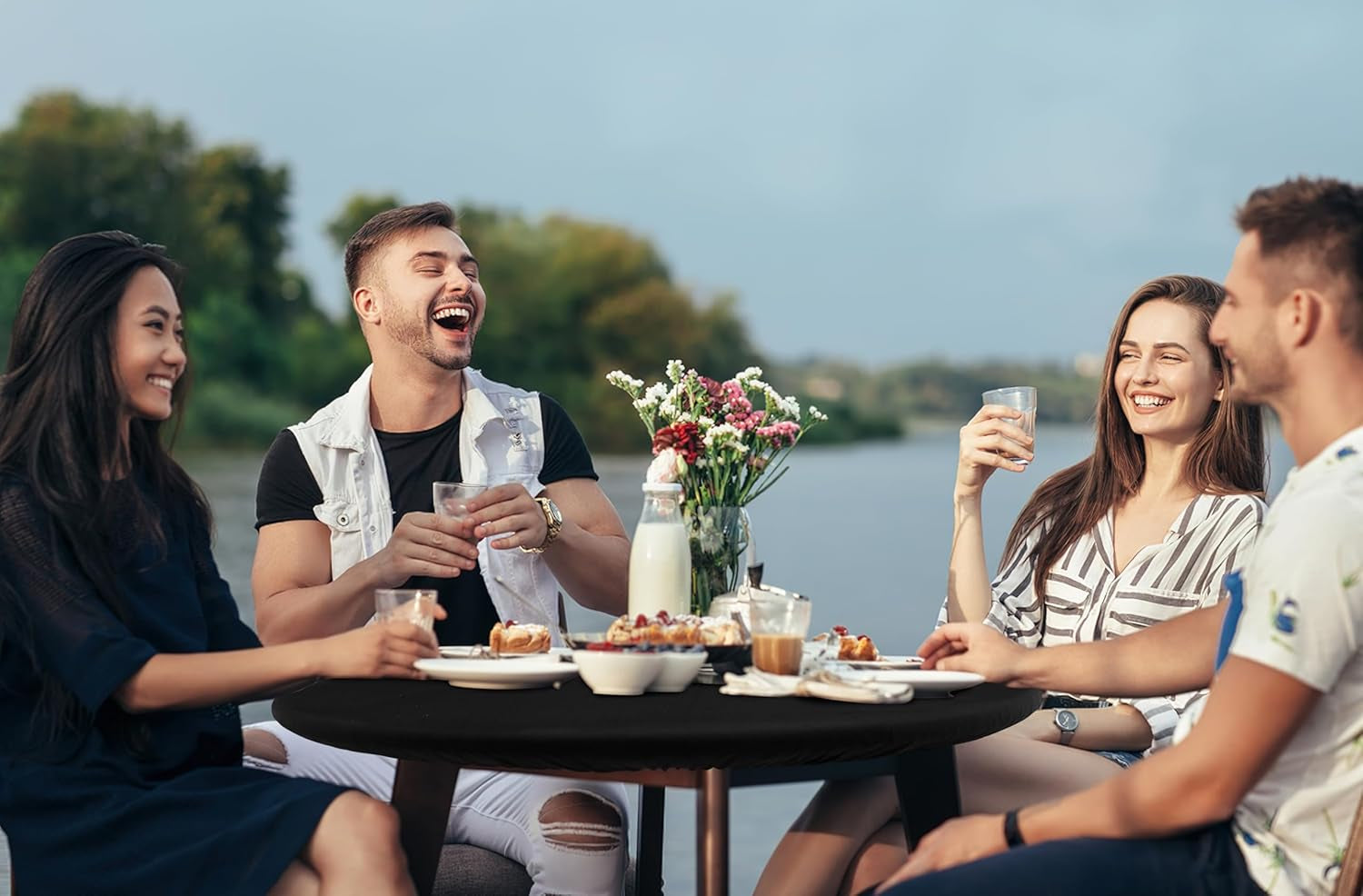 2 Packs round Spandex Tablecloths, Stretch Elastic Tablecloth Cover Fitted for 18"-24" round Tables, Waterproof Polyester Washable Table Cloth for Dining, Party, Outdoor and Indoor, Black