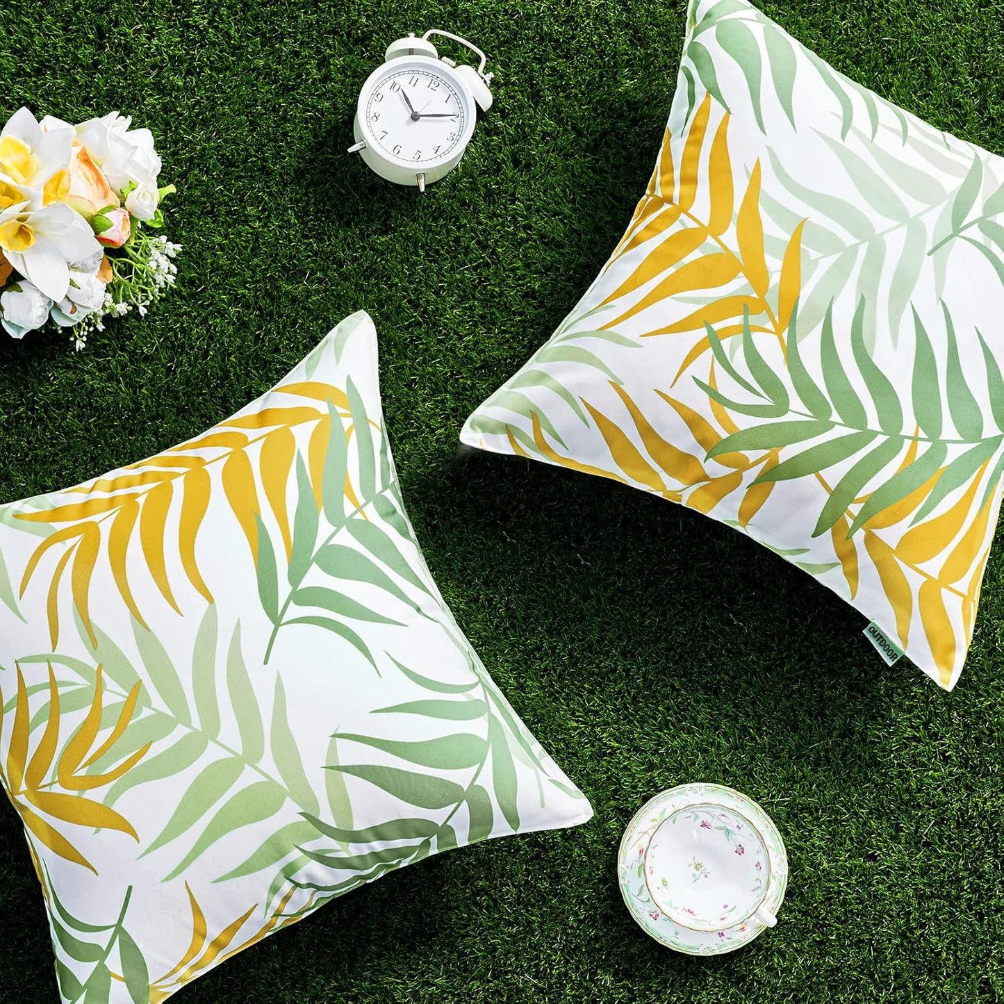 Pack of 2 Decorative Outdoor Waterproof Throw Pillow Covers Patio Pillow Cases Natural Leaves Pattern Spring Square Cushion Shams Shell for Garden Balcony Couch 16X16 Inch, Green&Yellow