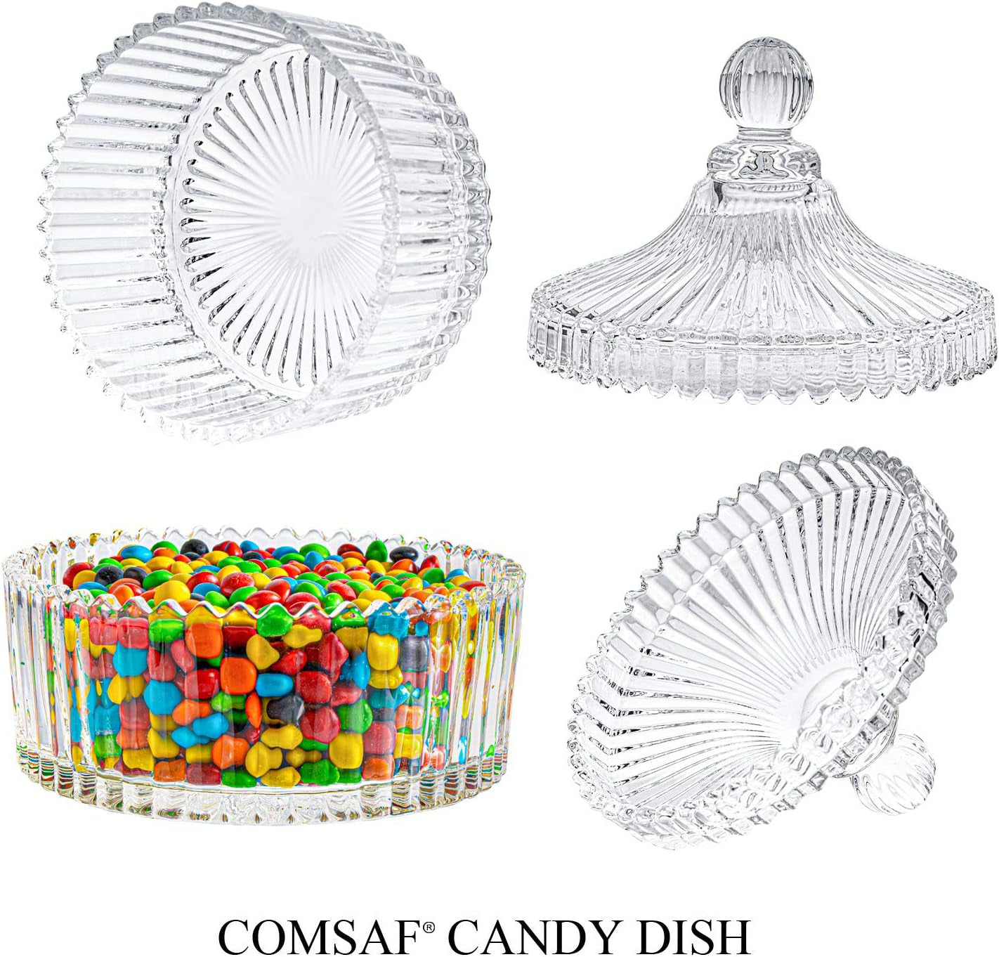 Glass Candy Dish with Lid, 14OZ Candy Jars with Lid for Office Desk, Covered Candy Dish for Office Desk, Decorative Cute Glass Jar, Jewelry Box for Wedding Party Buffet Decor, Christmas Gift