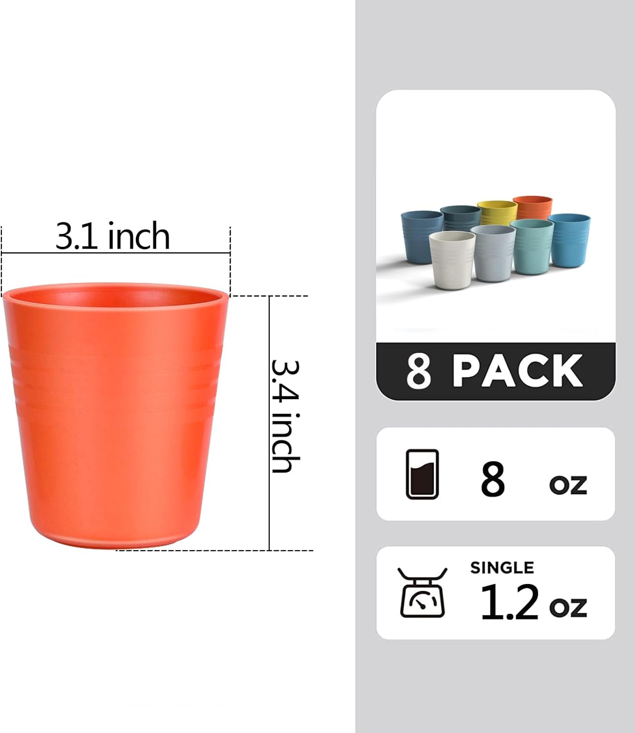 8 Oz Wheat Straw Drinking Cups, 【Set of 8】 Small Plastic Cups Reusable, BPA Free Unbreakable Water Cups for Kitchen and Dining,Dishwasher and Microwave Safe