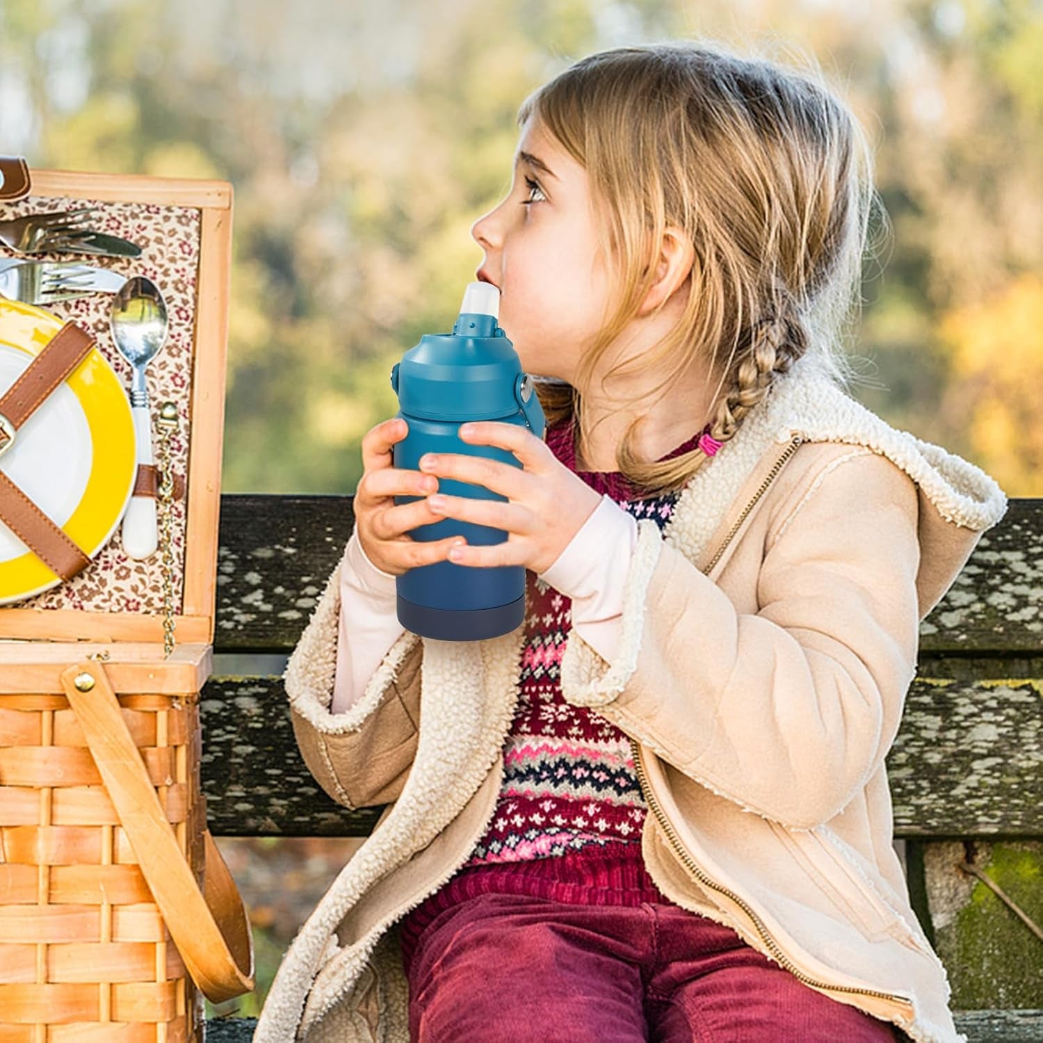 12 Oz Water Bottle, Kids Water Bottles for School, Toddler Water Bottle with Straw & Handle, 304 Stainless Steel Insulated Water Bottle, Non-Slip Silicone Base, BPA Free, Gradient Blue