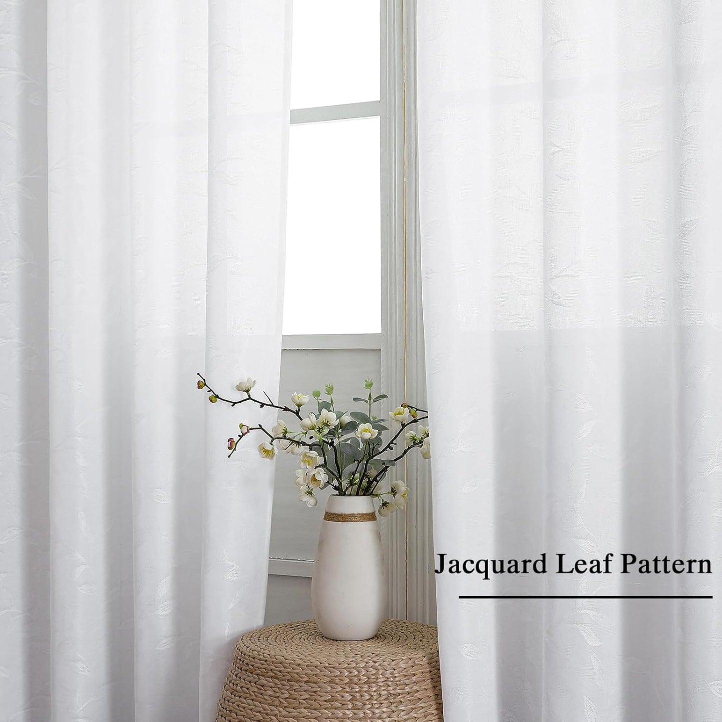 Mila White Kitchen Tier Curtains, 36 Inch Length, Semi Sheer Leaf Jacquard Textured Small Cafe Curtains, Light Filtering, Each 30Wx36L, 2PCS