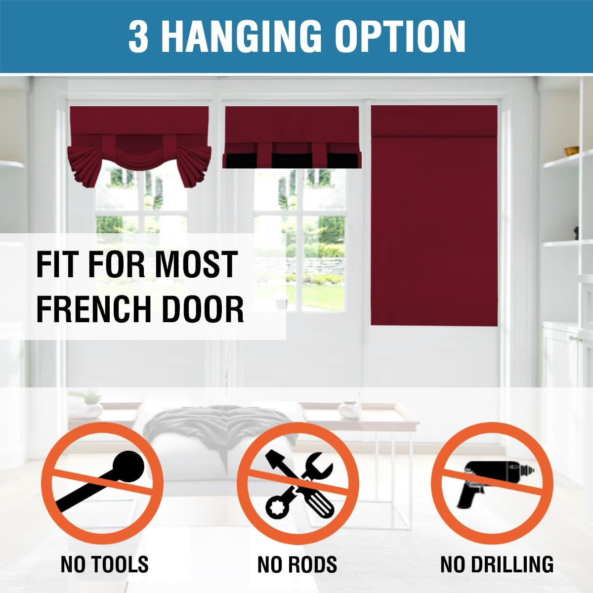 100% Blackout French Door Curtain Privacy Light Blocking Curtain for Sliding Glass Door Thermal Insulated Tie up Shade, 26X40 Inches, 1 Panel, Burgundy