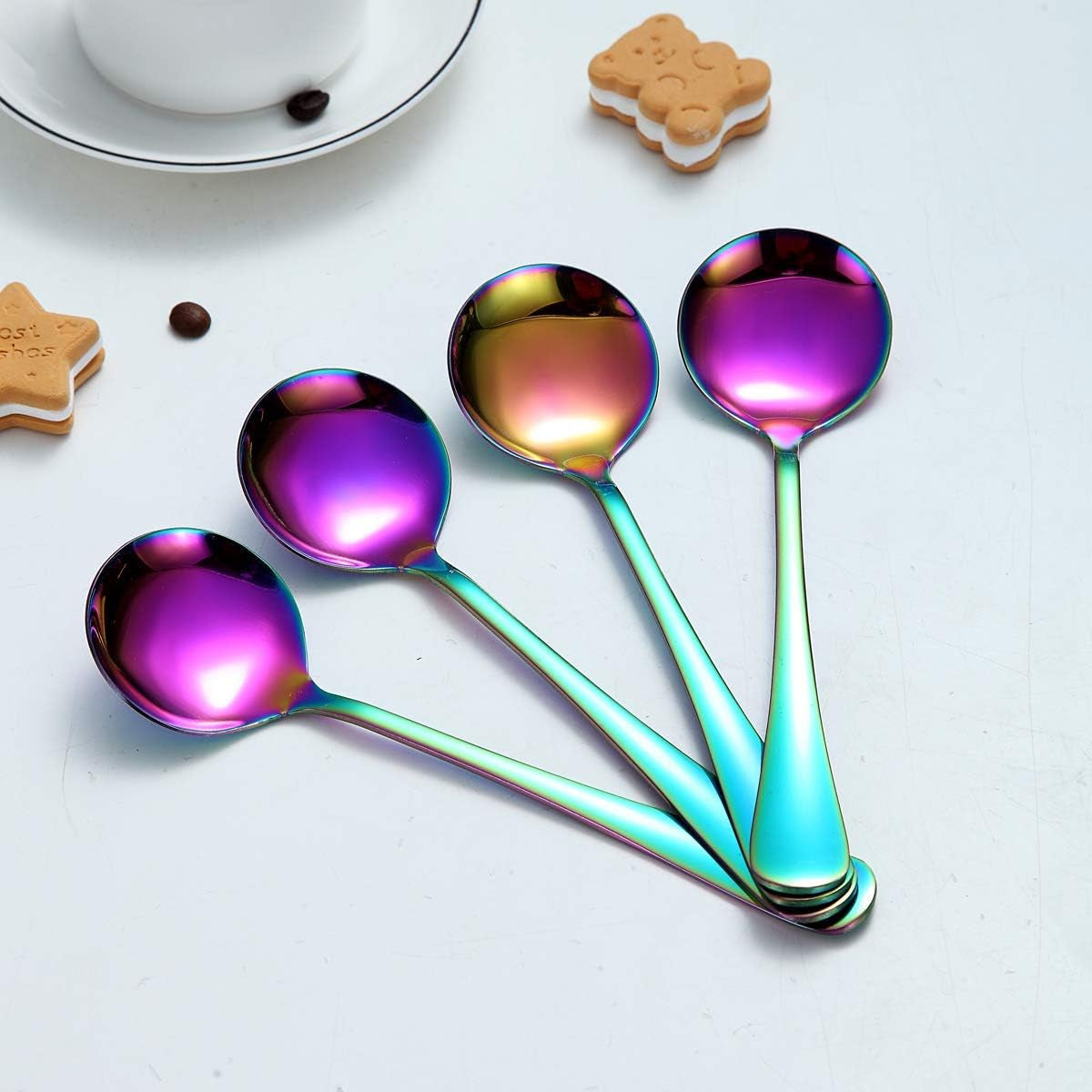 Set of 4 Rainbow Soup Spoons, 7.5" Stainless Steel with Titanium Plating, Multicolor Round Design, Easy to Clean and Dishwasher Safe