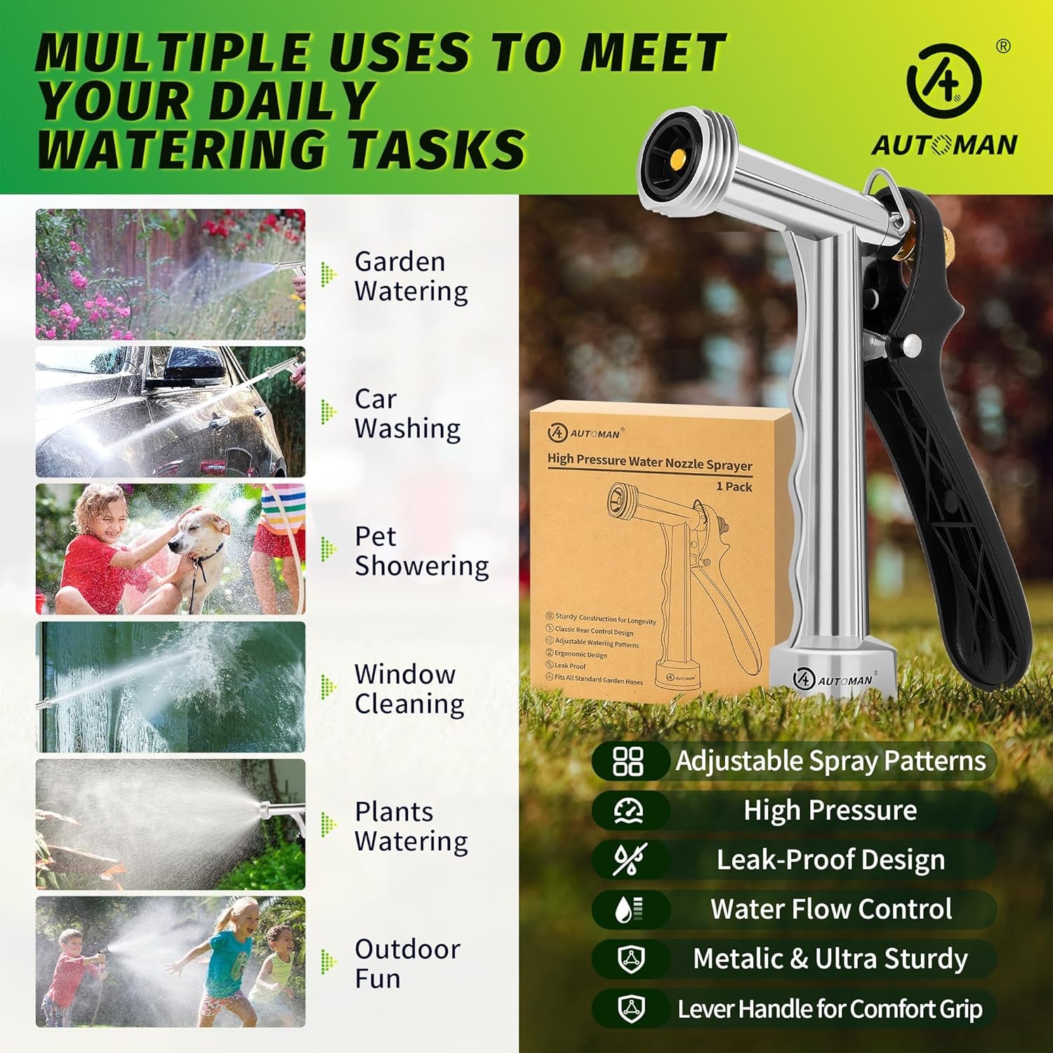 Garden Hose Nozzle, 1 Pack High Pressure Nozzle, Full Size Pistol Grip Water Sprayer with Threaded Front, Adjustable Spray Water Flow for Car Washing, Plants Watering, Pets Showering, Cleaning