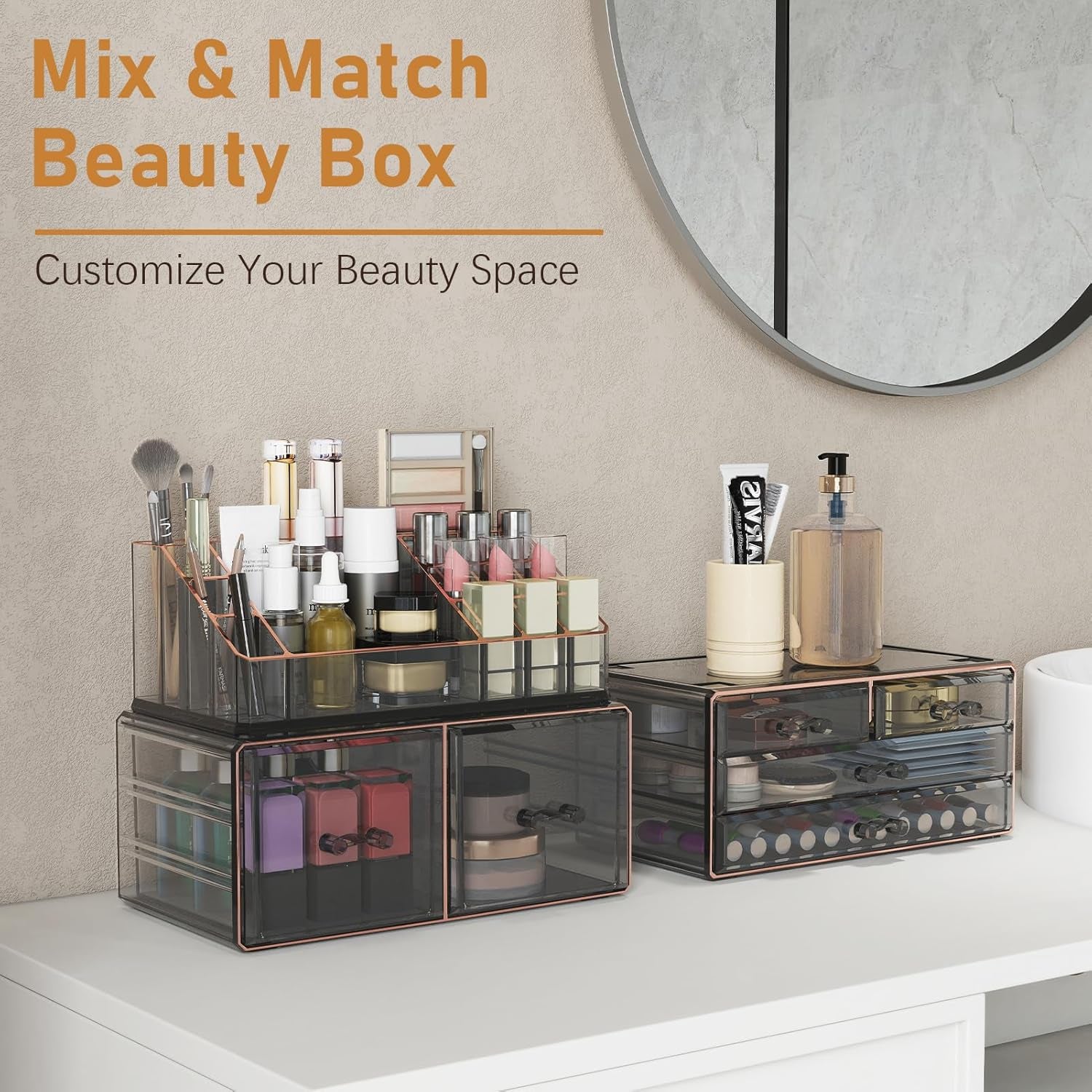 3-Tier 6-Drawer Makeup Organizer Countertop Cosmetic Organizer for Dresser and Vanity | Bathroom Organizers and Storage for Lipstick Brush Skincare Perfume, Nail Polish (Black + Gilded Borders)