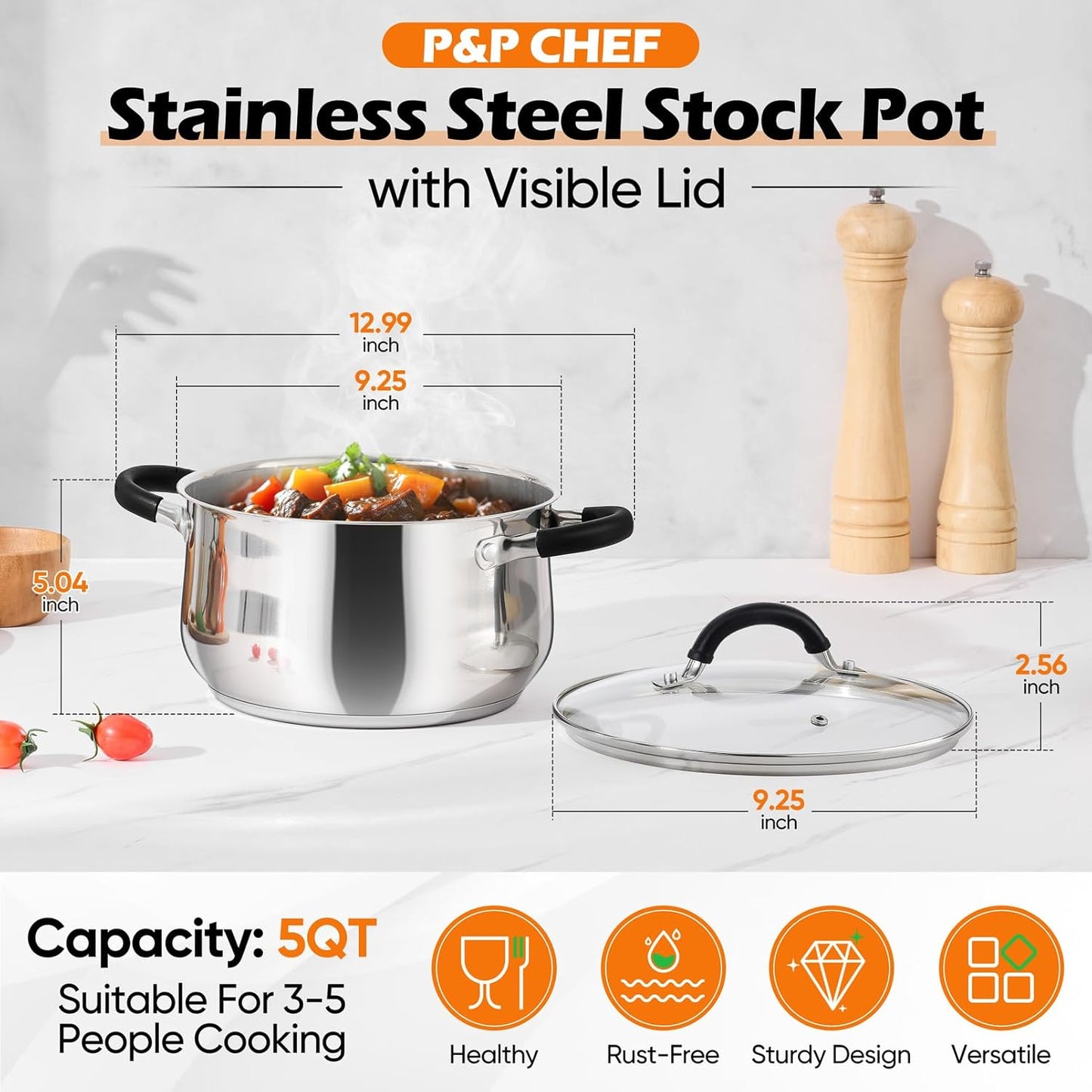 Stainless Steel Stock Pot, 5 Qt Cooking Soup Pot with Visible Lid for Pasta, Tri-Ply Bottom & Dual Heatproof Handles, for Induction Gas All Stoves, Non-Toxic & Dishwasher Safe