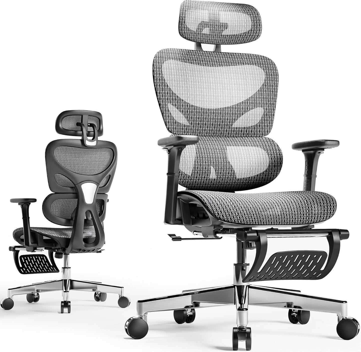 Ergonomic Mesh Office Chair with Footrest and Lumbar Support, Adjustable Gaming Chair with Multi-Tilt Backrest, Headrest, and 3D Armrests, Durable Steel Base, Grey and Black