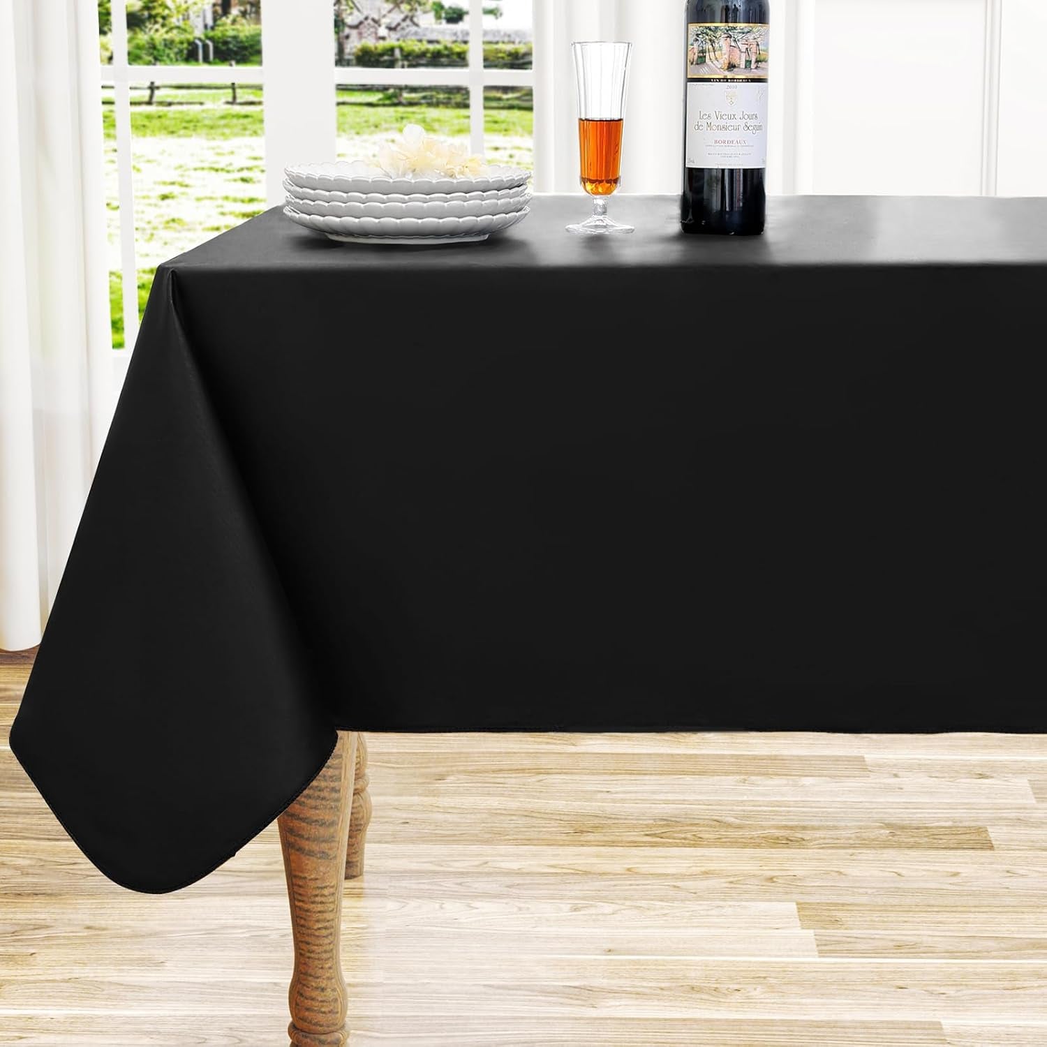 Rectangle Vinyl Tablecloth, Waterproof Spillproof Plastic Flannel Backed Table Cloth, Wipe Clean Table Cover for Dining, Buffet Parties and Camping (Black, 54" X 78")