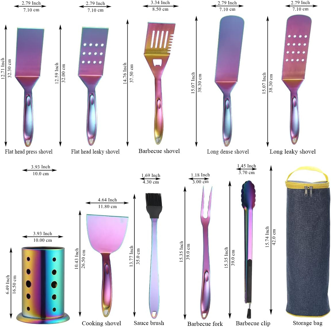 Premium 10-Piece Rainbow Grill Accessories Kit with Utensils Holder, Featuring Stainless Steel Handles and Heat-Resistant Bakelite Components