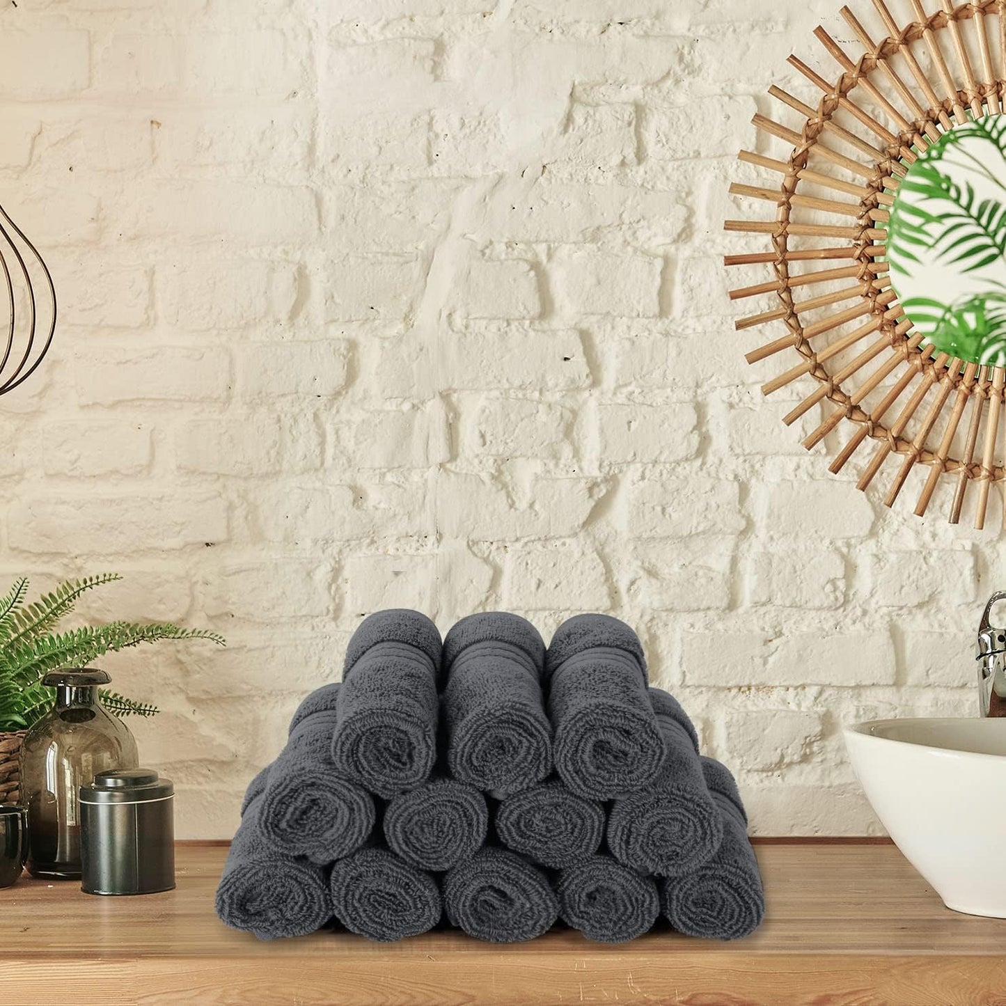 12 Pack Premium Wash Cloths Set, 12 by 12 Inches, 100% Cotton Ring Spun, Highly Absorbent and Soft Feel Washcloths for Bathroom, Spa, Gym, and Face, Grey