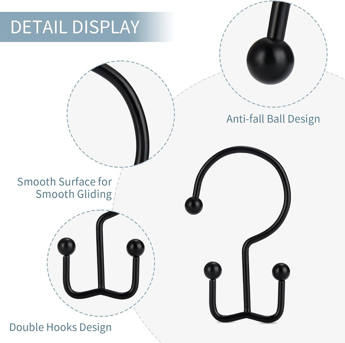 Shower Curtain Hooks, 12 Pcs Shower Curtain Rings, Durable Rust Proof Black Shower Curtain Hooks, Shower Rings for Curtain, Double Glide Shower Hooks for Shower Curtain Rods, Black
