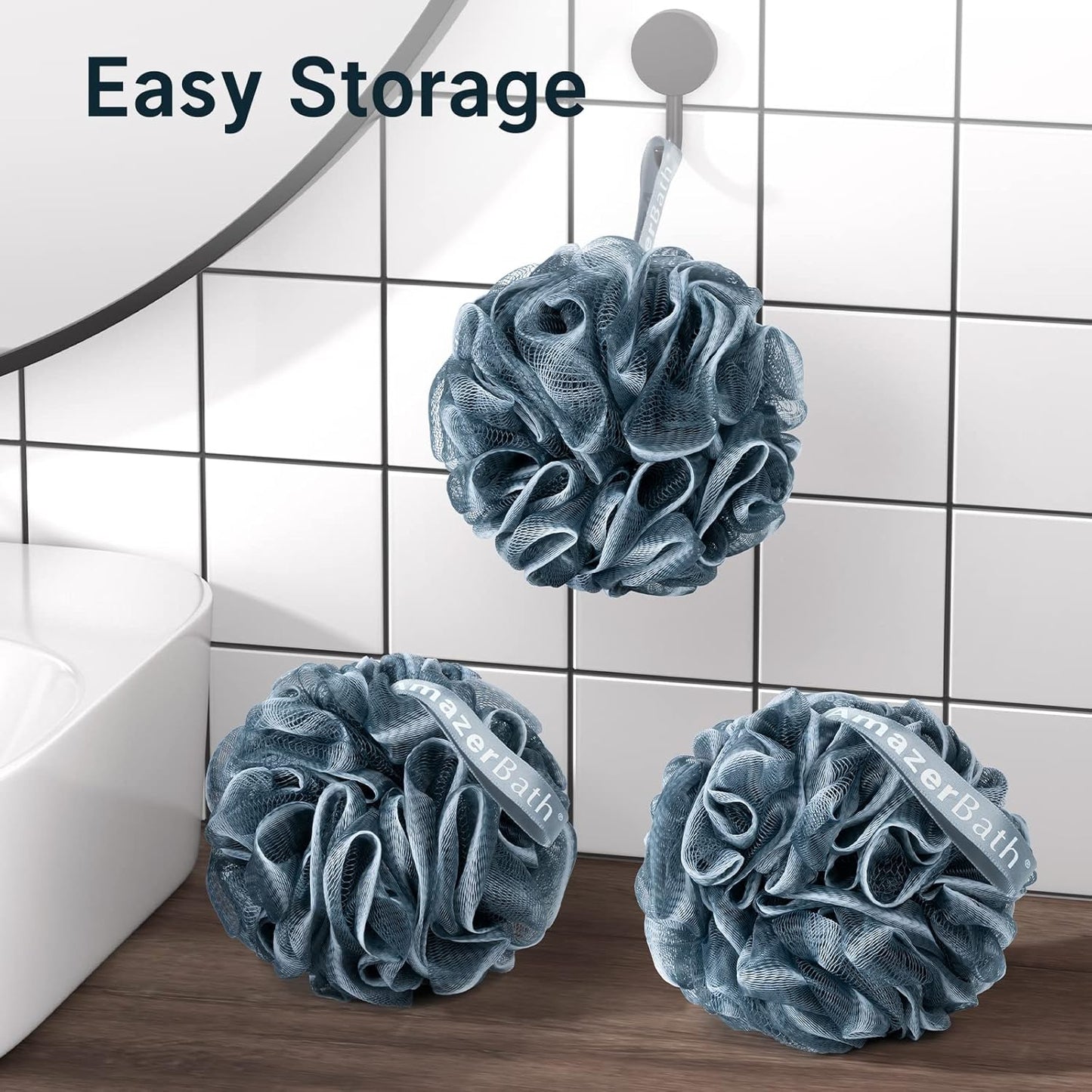 Loofah Sponge, Shower Loofah for Men and Women - Body Scrubber Loofa Set of 3 Indigo & White Edge, Bath Sponge 60G/Pcs