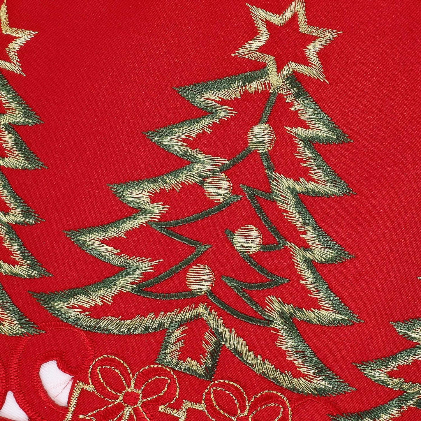 Red Christmas Table Runner 13X36 Inches Long, Embroidered Cutwork Christmas Table Runner with Green Christmas Tree and Gifts, Xmas Tree Dresser Scarf Winter Holiday Parties Kitchen Dinner